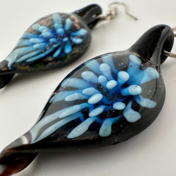 Artisan Lampwork Glass Teardrop Floral Dangle Earrings Black Blue Gold 2" - Picture 10 of 12